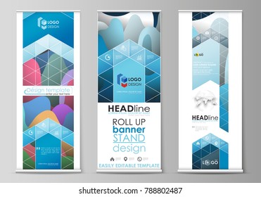 Roll up banner stands, flat geometric style templates, modern business concept, corporate vertical vector flyers, flag layouts. Colorful design pattern, shapes forming abstract beautiful background.