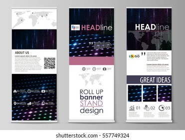 Roll up banner stands, flat style templates, modern concept, corporate vertical flyers, flag layouts. Abstract colorful neon dots, dotted technology background. Futuristic digital vector design