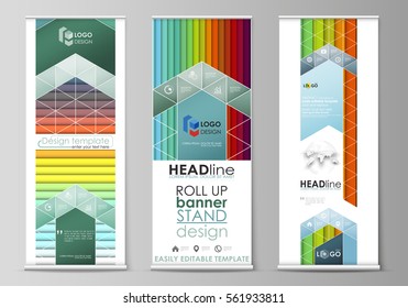 Roll up banner stands, flat style templates, modern business concept, corporate vertical flyers, flag layouts. Bright color rectangles, colorful design, geometric shapes, abstract beautiful background