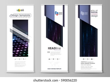 Roll up banner stands, flat style templates, modern concept, corporate vertical flyers, flag layouts. Abstract colorful neon dots, dotted technology background. Futuristic digital vector design
