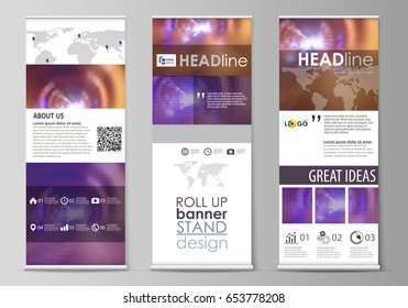 Roll up banner stands, flat style templates, abstract geometric modern business concept, corporate vertical vector flyers, flag layouts. Bright color colorful design, beautiful futuristic background