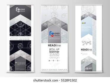 Roll up banner stands, modelos planos, estilo geométrico, folhetos vetoriais verticais corporativos, layouts de bandeira. Sistema de conexão de alta tecnologia. Conceito de ciência e tecnologia. Fundo abstrato futurista.