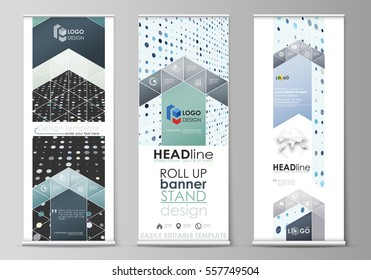 Roll up banner stands, flat templates, abstract geometric style, corporate vertical flyers, flag layouts. Soft color dots, illusion of depth and perspective, dotted background. Elegant vector design
