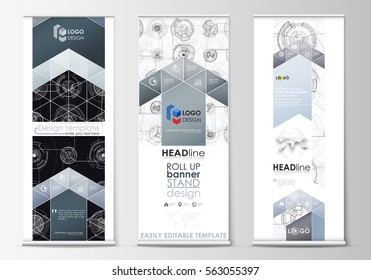 Roll up banner stands, flat templates, geometric style, corporate vertical vector flyers, flag layouts. High tech, connecting system. Science and technology concept. Futuristic abstract background.