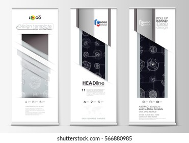 Roll up banner stands, flat templates, geometric style, corporate vertical vector flyers, flag layouts. High tech, connecting system. Science and technology concept. Futuristic abstract background.