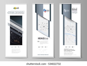Roll up banner stands, geometric design templates, business concept, corporate vertical vector flyers, flag layouts. Abstract infographic background with lines, symbols, other elements.