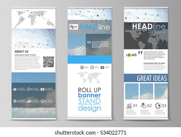 Roll up banner stands, geometric design templates, business concept, corporate vertical vector flyers, flag layouts. Blue color abstract infographic background with lines, symbols, other elements.