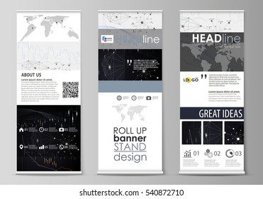Roll up banner stands, geometric design templates, business concept, corporate vertical vector flyers, flag layouts. Abstract infographic background with lines, symbols, other elements.