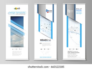 Roll up banner stands, geometric design templates, business concept, corporate vertical vector flyers, flag layouts. Blue color abstract infographic background with lines, symbols, other elements.