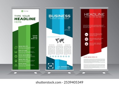 Roll up banner tempalte for Conference, Corporate business conference roll up banner designs with green, blue and red colour, x stand with geometric shape, Vector eps 10