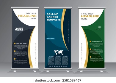 Roll up banner tempalte for Conference, Corporate business conference roll up banner designs with green, blue and gray colour with gold line, x stand with geometric shape, Vector eps 10