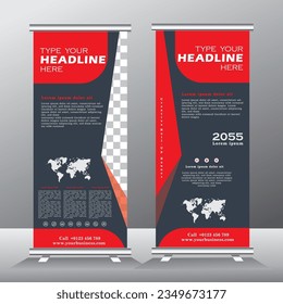 roll up banner template for business, vertical banner template, abstract vector illustration , abstract geometric standee banner, modern x-banner and pull up, vertical banner with red and ash color