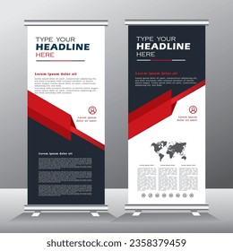 roll up banner template for business, vertical banner template, abstract geometric standee banner, modern x-banner and pull up, vertical banner with red and black color