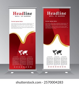 roll up banner template for business, vertical banner template, abstract geometric standee banner, modern x-banner and pull up, vertical banner with red color and gold line,