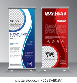 Roll up banner template for business, vertical banner template, abstract vector illustration , abstract geometric standee banner, modern x-banner and pull up, vertical banner with red and blue color