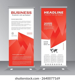 roll up banner template for business, vertical banner template, abstract vector illustration , abstract geometric standee banner, modern x-banner and pull up, vertical banner with red color
