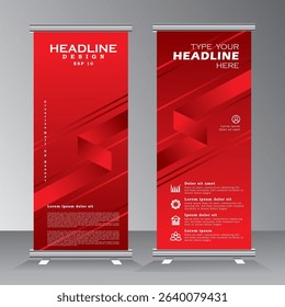 roll up banner template for business, vertical banner template, abstract geometric standee banner, modern x-banner and pull up, vertical banner with red color, Vector eps 10