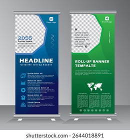 roll up banner template for business, vertical banner template, abstract vector illustration , abstract geometric standee banner, modern x-banner and pull up, vertical banner with green and blue color