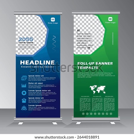 roll up banner template for business, vertical banner template, abstract vector illustration , abstract geometric standee banner, modern x-banner and pull up, vertical banner with green and blue color