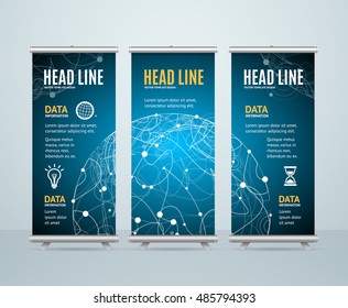 Roll Up Banner Template Cosmos Science Concept. Three banners with text and icons. Vector illustration
