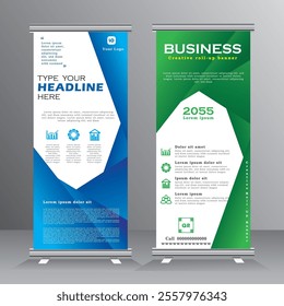 Roll up banner template creative design, abstract two colour background, suitable for cover, poster, website, business brochure, vertical banner template with blue and green colour, presentation.