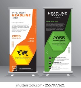 Roll up banner template creative design, abstract two colour background, suitable for cover, poster, website, business brochure, vertical banner template with orange and green colour, presentation