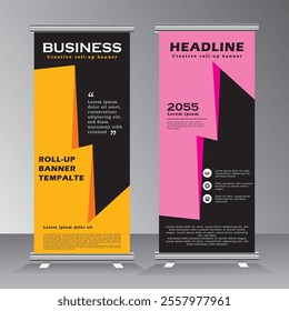 	
Roll up banner template creative design, abstract two colour background, suitable for cover, poster, website, business brochure, vertical banner template with yellow and pink colour, presentation.