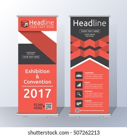 Roll Up Banner Template Design with Abstract Red and Black Geometric. Vector illustration
