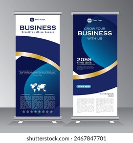 Roll up Banner Vorlage Design, Roll up Banner Design Vorlage mit Blaufarbe, Vertikale Banner Vorlage, Pull Up, Sandees, für Veranstaltung, Projekt, Ausstellung, Konferenz, Unternehmen,