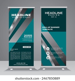 roll up banner template design, roll up banner design template with blue color and gold line, Vertical banner template, pull up, sandees, for event, project, exhibition, conferance, company,