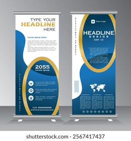 roll up banner template design, roll up banner design template with blue color, Vertical banner template, pull up, sandees, for event, project, exhibition, conferance, company,