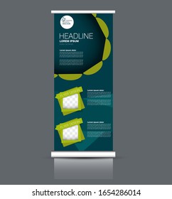 Roll up banner template design. Business presentation, vertical advertising stand concept. Blue and green color. Vector illustration.