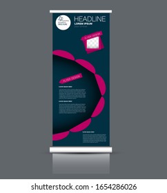 Roll up banner template design. Business presentation, vertical advertising stand concept. Blue and pink color. Vector illustration.