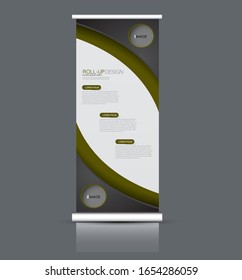 Roll up banner template design. Business presentation, vertical advertising stand concept. Black and green color. Vector illustration.