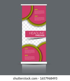 Roll up banner template design. Business presentation, vertical advertising stand concept. Pink and green color. Vector illustration.