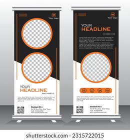 Roll up banner template design for  business, modern x-banner with orange and black, Bussiness standees banner advertising. roll up vector banner template illustration