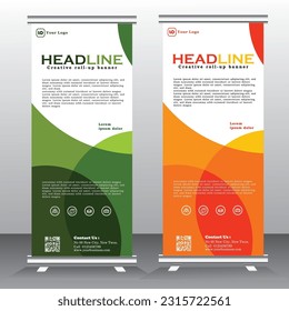 Roll up banner template design for business, moderna x-banner con verde y naranja, Business standees banner publicidad. ilustración de plantilla de banner vectorial