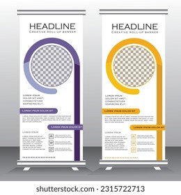 Roll up banner template design for  business, modern x-banner with yellow  and purple , Bussiness standees banner advertising. roll up vector banner template illustration