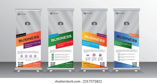 Roll up banner template design for  business, modern x-banner with blue and green and standees banner advertising. roll up vector banner template illustration