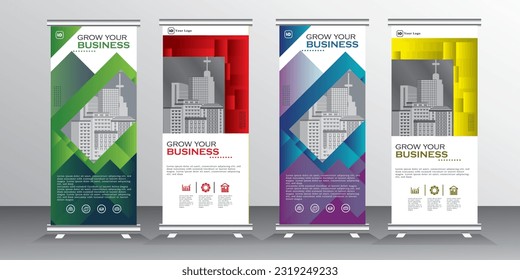 Roll up banner template design for  business, modern x-banner with blue, green,yellow, purple and red, vertical standees banner advertising. roll up vector banner template illustration