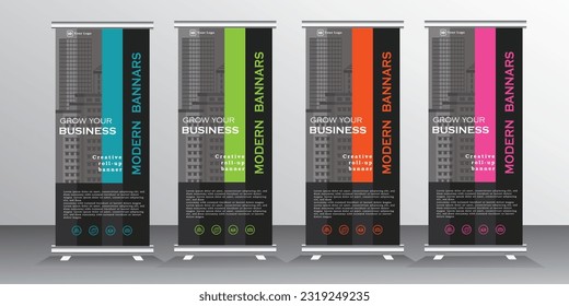 Roll up banner template design for  business, modern x-banner with blue, green,yellow, purple and red, vertical standees banner advertising. roll up vector banner template illustration