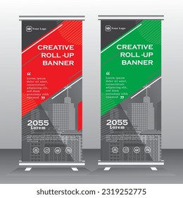 Roll up banner template design para negocios, moderno x-banner con publicidad de banner en tonos azules y rojos, verticales. ilustración de plantilla de banner vectorial
