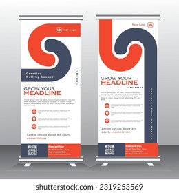 Roll up banner template design for  business, modern x-banner with orange and ash, vertical standees banner advertising. roll up vector banner template illustration