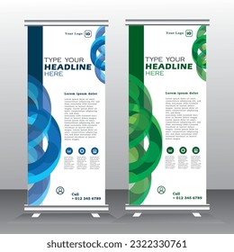 Roll up banner template design for  business, modern x-banner with blue and green and standees banner advertising. Vertical banner template illustration