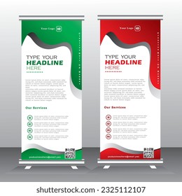 Roll up banner template design for  business, modern x-banner with green and red, vertical standees banner advertising. roll up vector banner template illustration