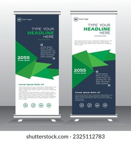 Roll up banner template design for  business, modern x-banner with blue and green and standees banner advertising. Vertical banner template illustration