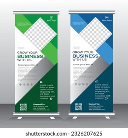 Roll up banner template design for  business, modern x-banner with blue and green and standees banner advertising. Vertical banner template illustration