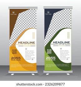 Roll up banner de diseño de plantilla para empresas, moderno x-banner con publicidad de banner en tonos amarillos, azules, marrones y verdes, verticales. ilustración de plantilla de banner vectorial