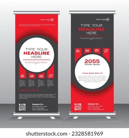 Roll up banner template design for  business, vertical bannar, modern x-banner with red, ash and black, Bussiness standees banner advertising. roll up vector banner template illustration, leaflet 