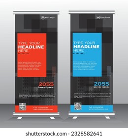 Roll up banner template design for  business, modern x-banner with orange and black, vertical standees banner advertising. roll up vector banner template illustration,